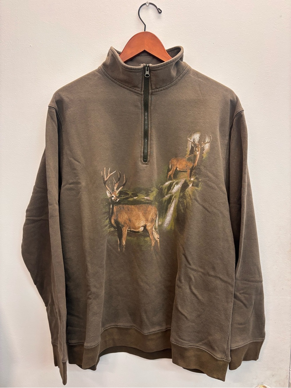 Y2K Men's Large Retreat Half-Zip Sweater with Deer Graphic - Olive Green